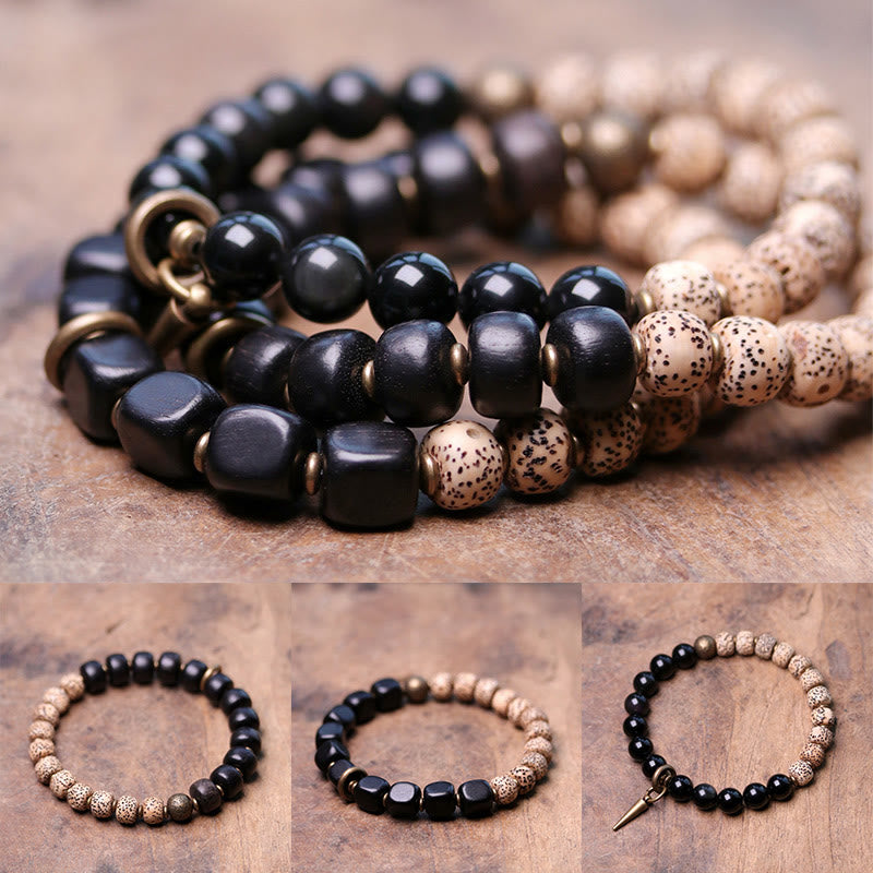Buddha Stonesチベット菩提樹 黒曜石 黒檀 木 銅 平和ブレスレット