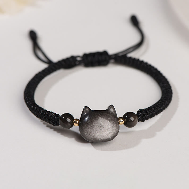 Buddha Stonesハンドメイド 天然銀光沢黒曜石 ストロベリークォーツ かわいい猫のお守り編み込みブレスレット - 銀影黒曜石（コミュニケーション♥癒し） - 愛らしい猫 - image 6