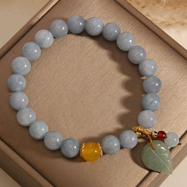 Buddha Stonesアクアマリン 翡翠の葉 ヒーリングチャームブレスレット