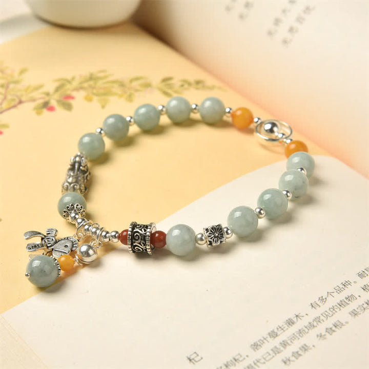 Buddha Stones 925スターリングシルバー 天然翡翠琥珀 貔貅ポニー 成功のブレスレット
