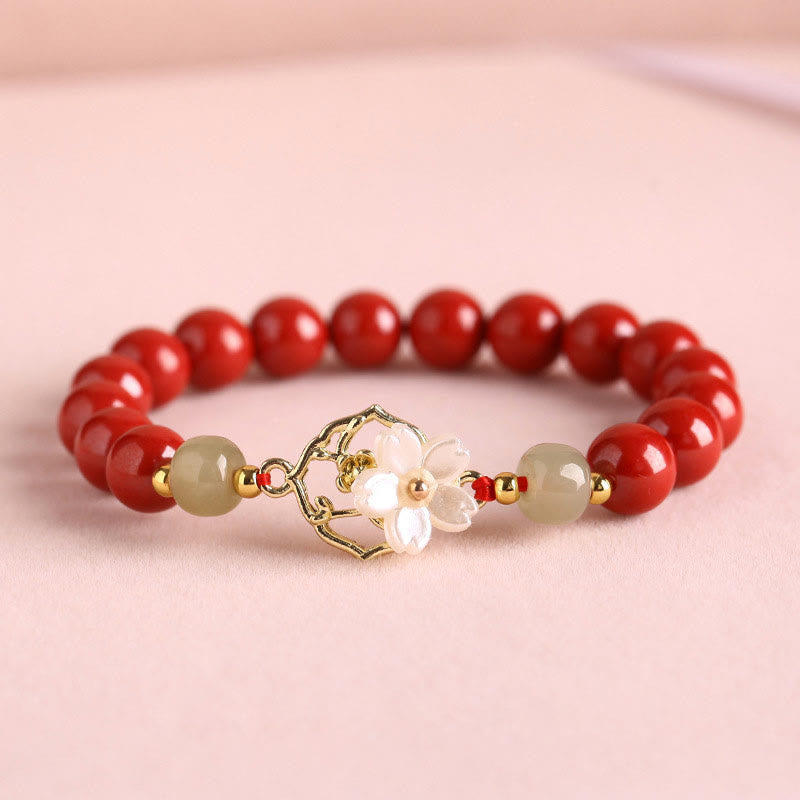 Buddha Stones天然辰砂翡翠ビーズ入りシャコガイ石花の祝福ブレスレット