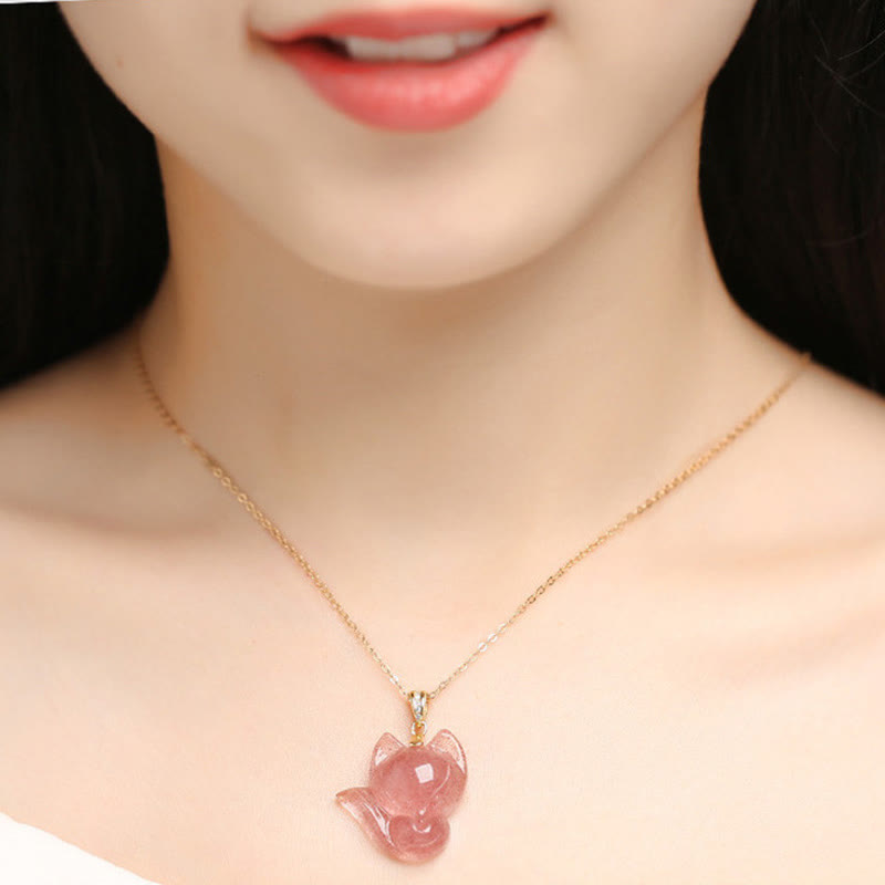 Buddha Stones 14Kゴールドメッキ 925スターリングシルバー ストロベリークォーツ フォックスヒーリングネックレスペンダント
