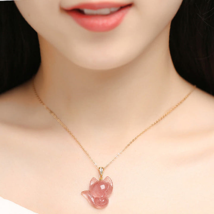 Buddha Stones 14Kゴールドメッキ 925スターリングシルバー ストロベリークォーツ フォックスヒーリングネックレスペンダント