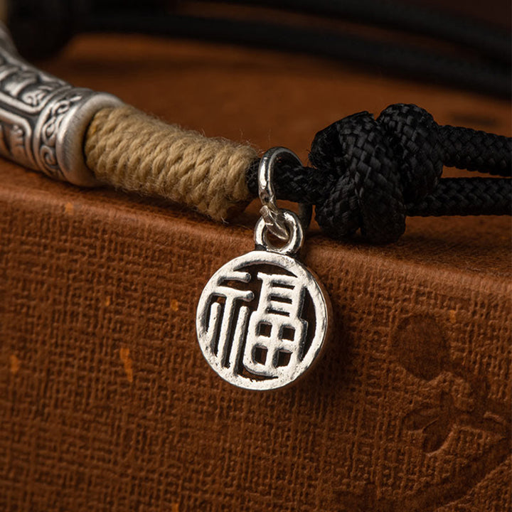 Buddha Stones999 スターリングシルバー チベット ハンドメイドオーム・マニ・パドメ・フムフーキャラクター トップランクキャラクター 幸運編みブレスレット