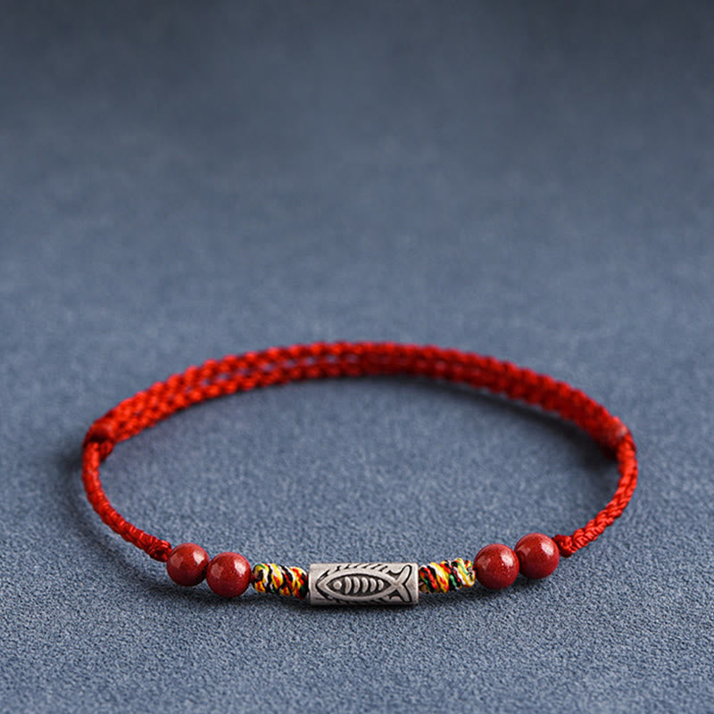 Buddha Stones 925スターリングシルバー 鯉 辰砂 ビーズ 富 手作り 編み込み ブレスレット アンクレット