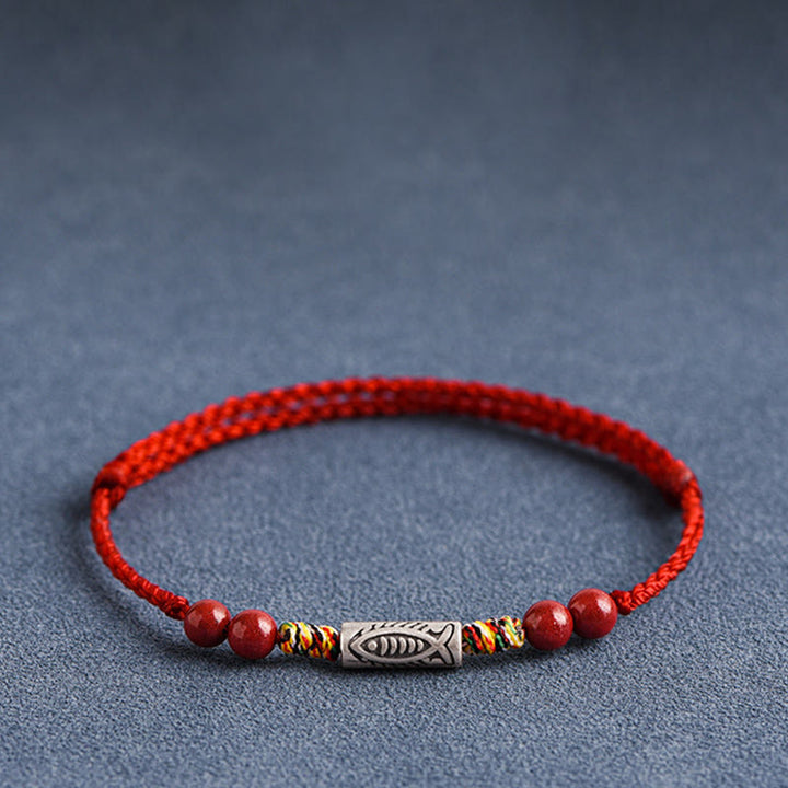 Buddha Stones 925スターリングシルバー 鯉 辰砂 ビーズ 富 手作り 編み込み ブレスレット アンクレット