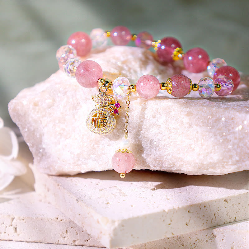 Buddha Stones 天然ストロベリークォーツ マネーバッグチャーム付き ポジティブブレスレット