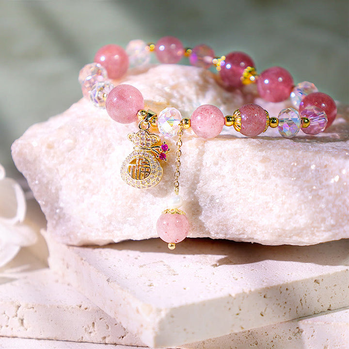 Buddha Stones 天然ストロベリークォーツ マネーバッグチャーム付き ポジティブブレスレット
