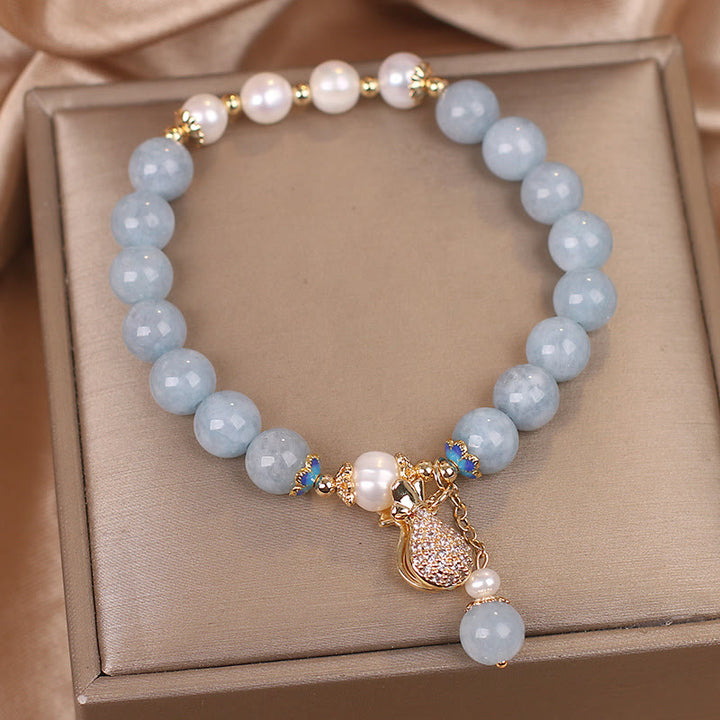 Buddha Stonesアクアマリンパール フォーチュン マネーバッグチャームブレスレット