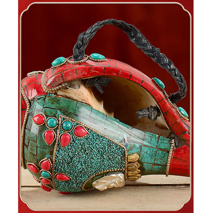 チベット手作り Shankha オーム・マニ・パドメ・フム Buddha Avalokitesvara ターコイズ コンクシェル ポジティブ装飾 - image 8