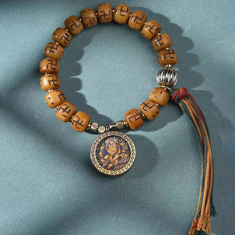 Buddha Stones天然チベットラクダ骨卍 Dzi ビーズ Shankha 仏陀チャーム Kirtimukha 幸運保護タッセルブレスレット