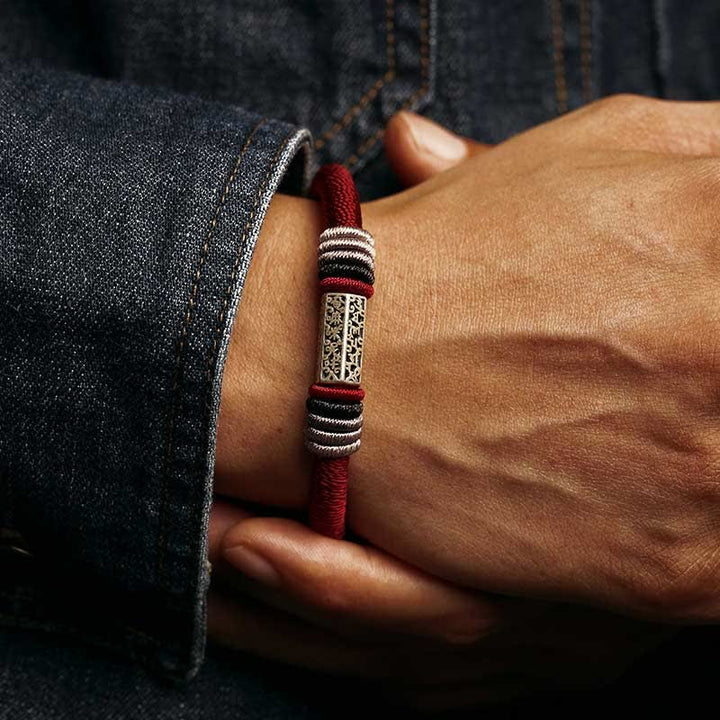 Buddha Stones925スターリングシルバーオーム・マニ・パドメ・フム平和の赤紐ブレスレット