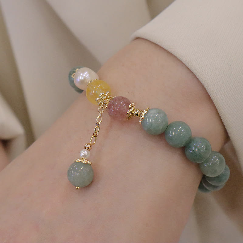 Buddha Stones翡翠パール ストロベリークォーツ 豊穣の幸運ビーズチャームブレスレット