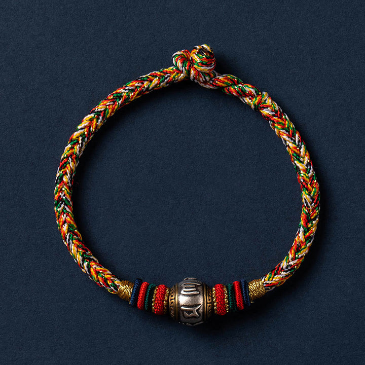 Buddha Stones925 スターリングシルバー チベット ハンドメイドオーム・マニ・パドメ・フム幸運の守護 キングコングノット 編み込みブレスレット