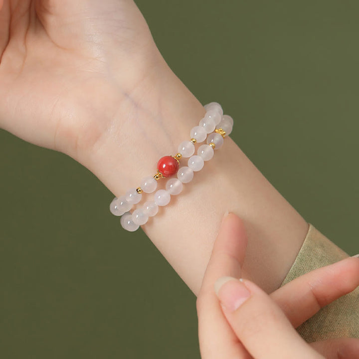 Buddha Stones 925スターリングシルバー 天然ホワイトアゲート 辰砂 ダブルラッププロテクションブレスレット
