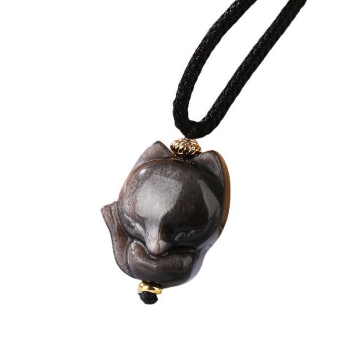 Buddha Stones天然銀光沢黒曜石 九尾狐 守護ネックレスペンダント