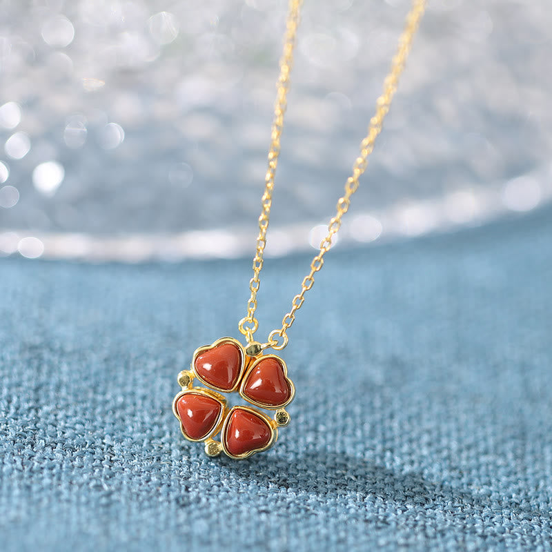 Buddha Stones925スターリングシルバー 四つ葉のクローバー ホワイトジェイド レッドアゲート 豊穣のネックレスペンダント