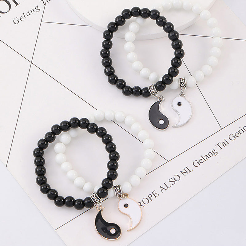 Buddha Stones2個入り ブラックオニキス ホワイトターコイズビーズ 陰陽守護 カップルブレスレット