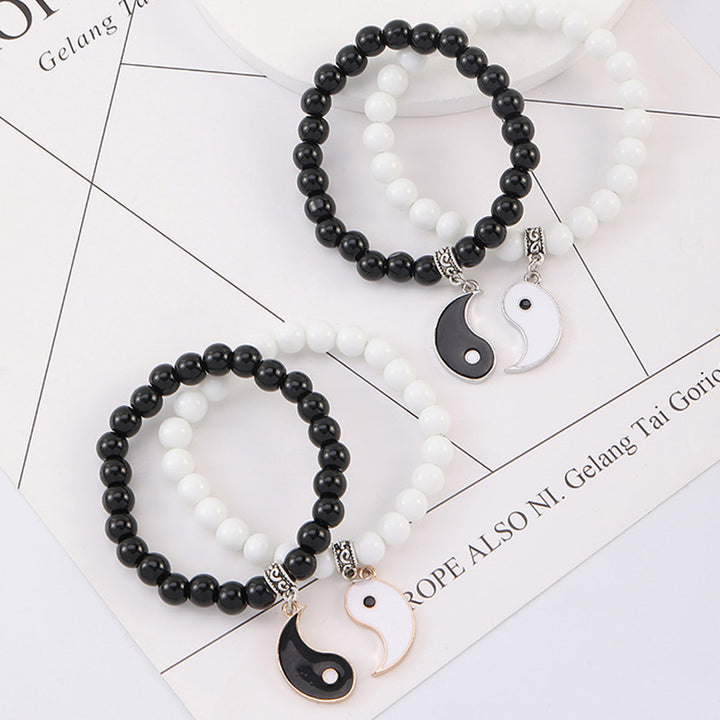 Buddha Stones2個入り ブラックオニキス ホワイトターコイズビーズ 陰陽守護 カップルブレスレット
