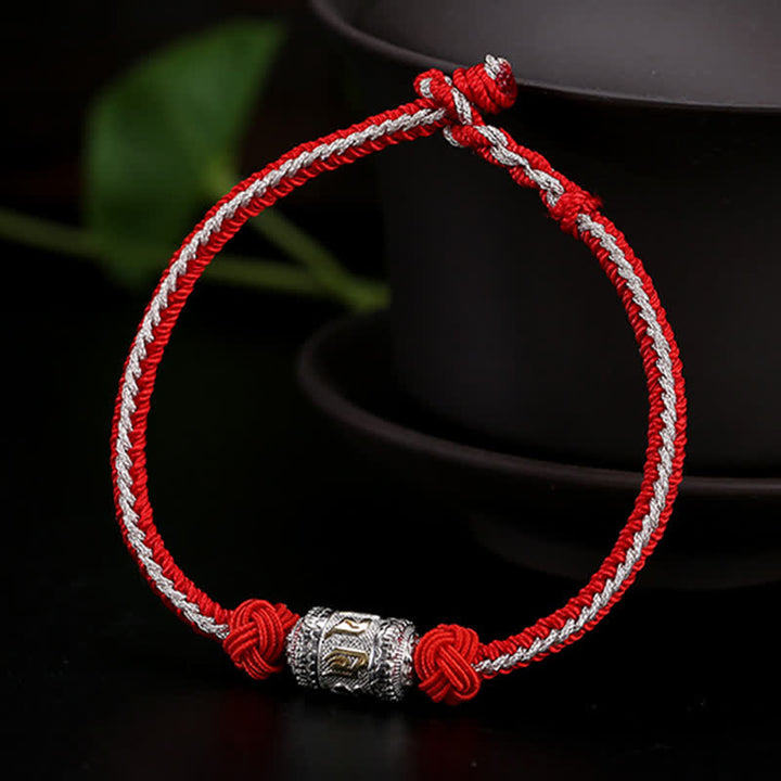 Buddha Stones925 スターリングシルバーオーム・マニ・パドメ・フム祈祷ホイール幸運 強さ赤紐ブレスレット