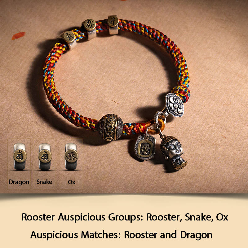 Buddha Stonesハンドメイド チベット 925 スターリングシルバー十二支誕生仏ザキラム 富の守護女神 マルチカラー ロープ編みブレスレット