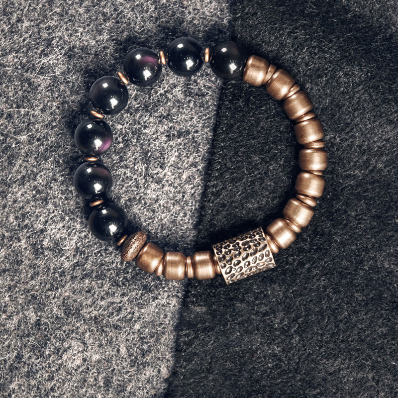 Buddha Stones溶岩石 レインボーオブシディアン 銅サポート ヒーリングブレスレット