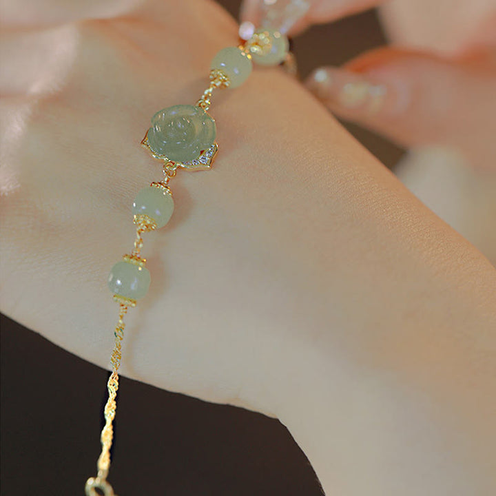 Buddha Stones14K ゴールドメッキ 和田翡翠 ローズフラワー 幸運のチェーンブレスレット