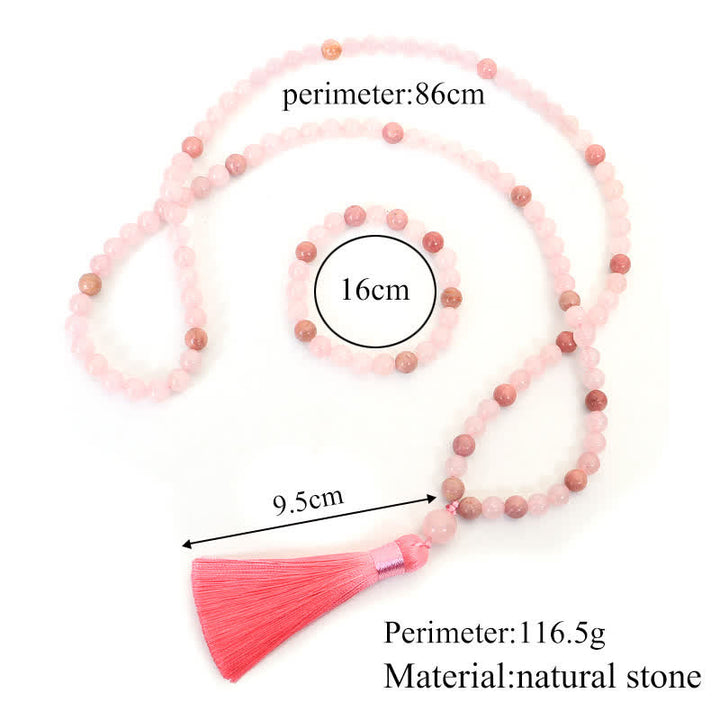 Buddha Stones108個入りMalaビーズ ピンククリスタル ラブタッセルブレスレット