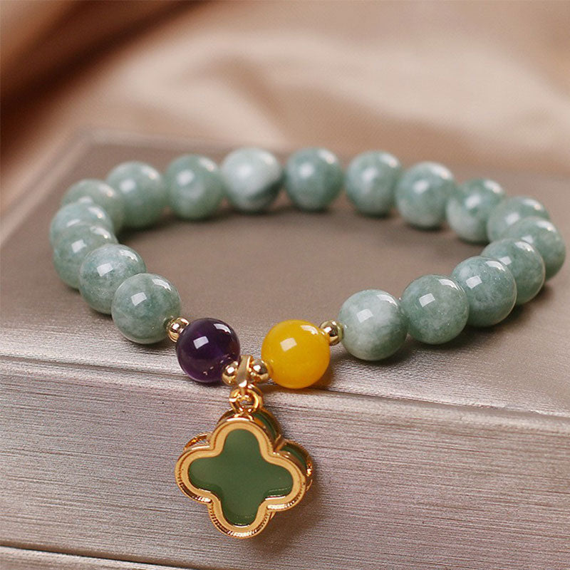 Buddha Stones翡翠四つ葉のクローバー幸運ブレスレット