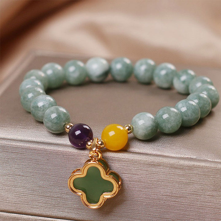 Buddha Stones翡翠四つ葉のクローバー幸運ブレスレット