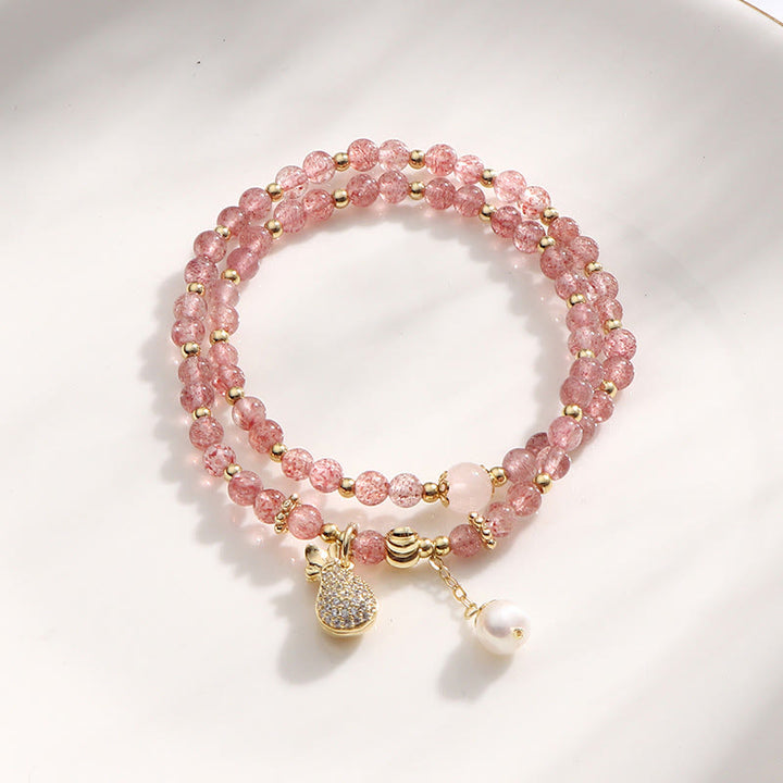 Buddha Stonesストロベリークォーツ マネーバッグ ポジティブチャーム ダブルラップブレスレット