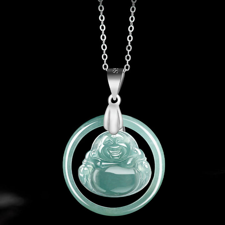 Buddha Stones925スターリングシルバー 天然翡翠 ラウンド 笑い仏 豊穣 チェーンネックレス ペンダント
