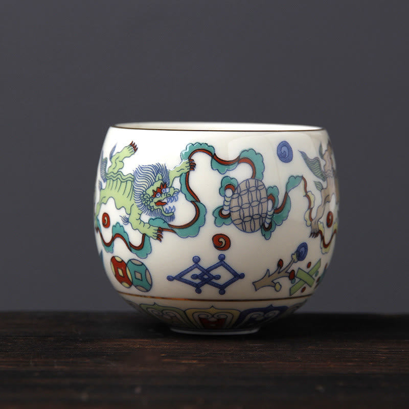 Buddha Stonesヴィンテージ 梅の花 松 竹 鳳凰 麒麟 獅子舞 陶器 ティーカップ ティーカップ