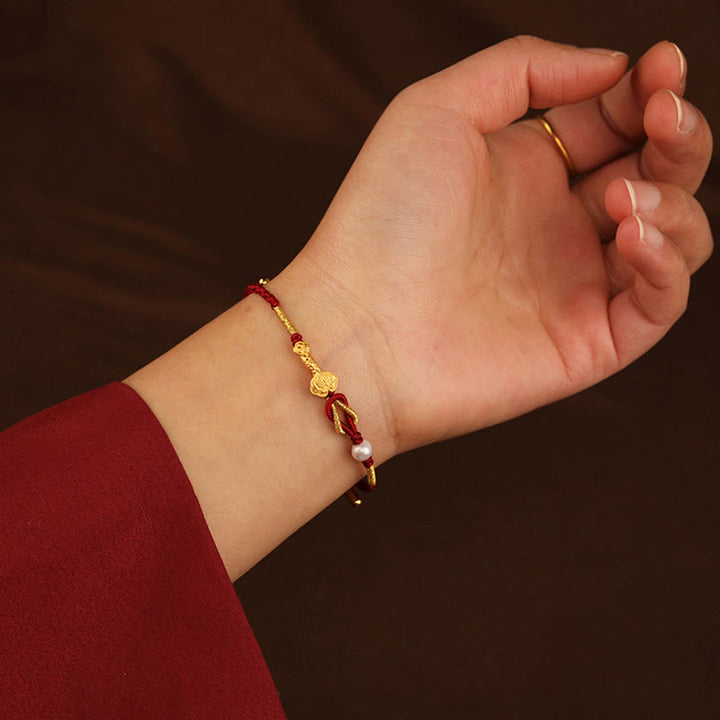 Buddha Stones24K ゴールド ウィッシュ 如意 ハンドル 福 キャラクター ウサギ パール 幸運 編み込み ブレスレット