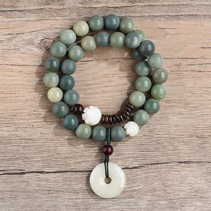 Buddha Stonesシアン菩提樹の種子 蓮の翡翠 平和バックル ウィズダム ダブルラップブレスレット