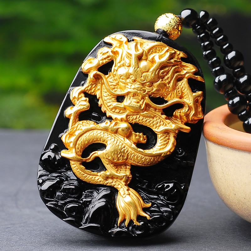 Buddha Stones18Kゴールドメッキ ドラゴンオブシディアン ラッキーペンダントネックレス - image 2