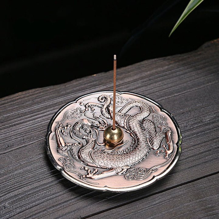 Buddha Stones丸型 縁起の良い龍 守護 銅合金 スティック型 香炉 装飾