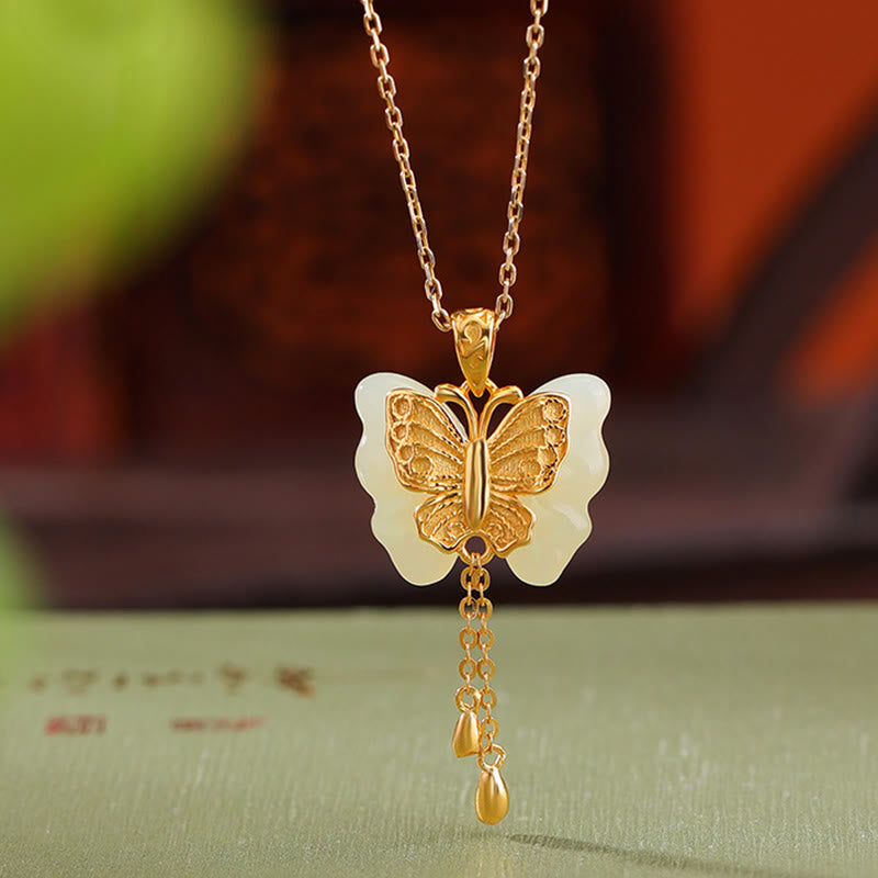 Buddha Stones 925スターリングシルバーメッキゴールド和田白翡翠バタフライ祝福ネックレスペンダント