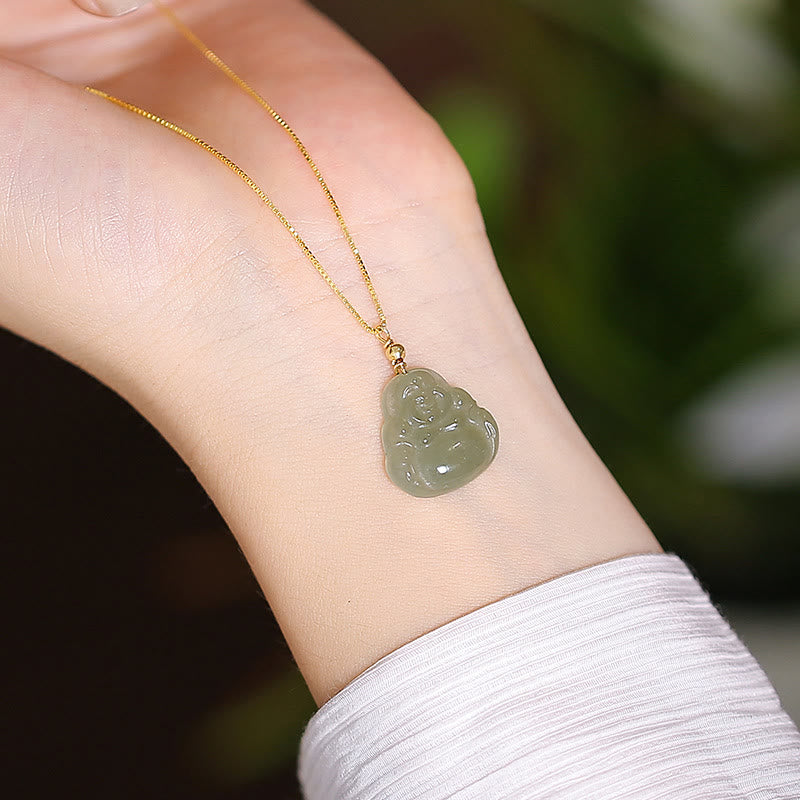 Buddha Stones925 スターリングシルバー 天然和田翡翠 シアン翡翠 幸運の笑う仏陀 蝶のネックレスペンダント - 和田玉笑い仏 - image 2