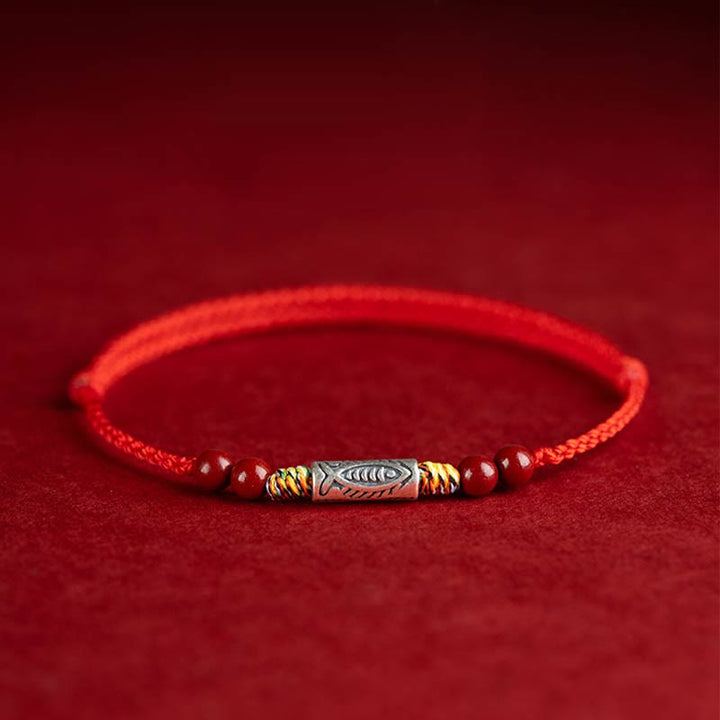 Buddha Stones 925スターリングシルバー 鯉 辰砂 ビーズ 富 手作り 編み込み ブレスレット アンクレット