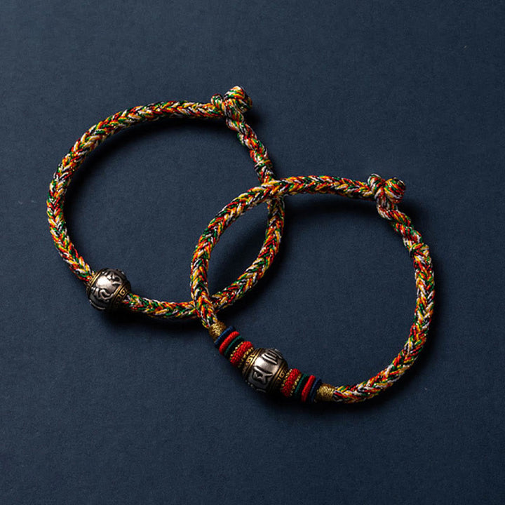 Buddha Stones925 スターリングシルバー チベット ハンドメイドオーム・マニ・パドメ・フム幸運の守護 キングコングノット 編み込みブレスレット