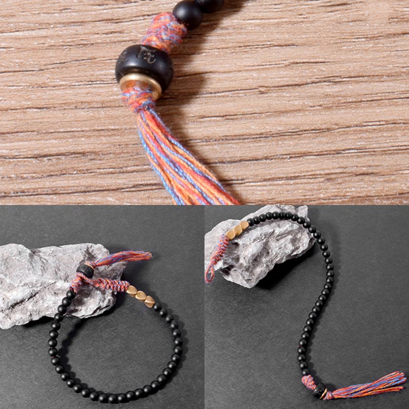 Buddha Stonesハンドメイドチベットブラックオニキスタッセルブレスレット