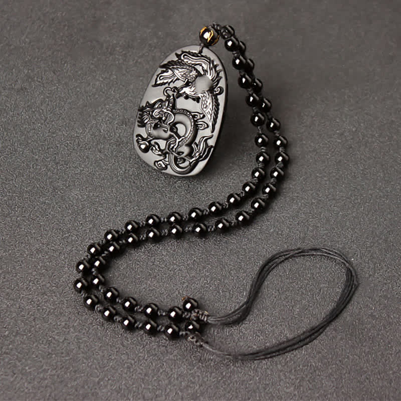 Buddha Stonesブラックオブシディアン タイガーアイ ドラゴン フェニックス 守護ビーズネックレスペンダント - 黒曜石の伸縮式ビーズ紐 - image 9