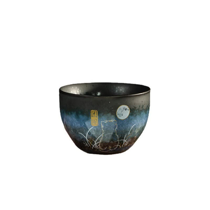 Buddha Stones陶器ティーカップ 愛らしい猫 ブラックティーカップ 140ml