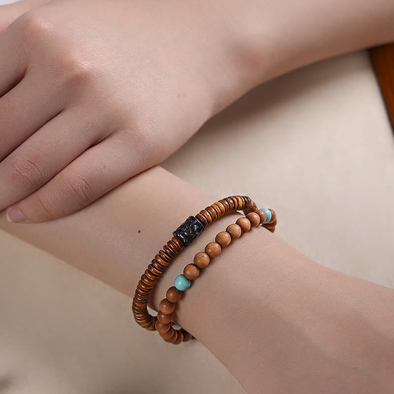 Buddha Stones白檀小葉 レッドサンダルウッド ターコイズ プロテクション ダブルラップブレスレット