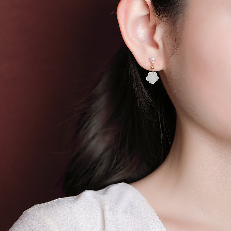 Buddha Stones 925スターリングシルバーメッキゴールド翡翠ローズフラワーシアン翡翠パール幸運イヤリング