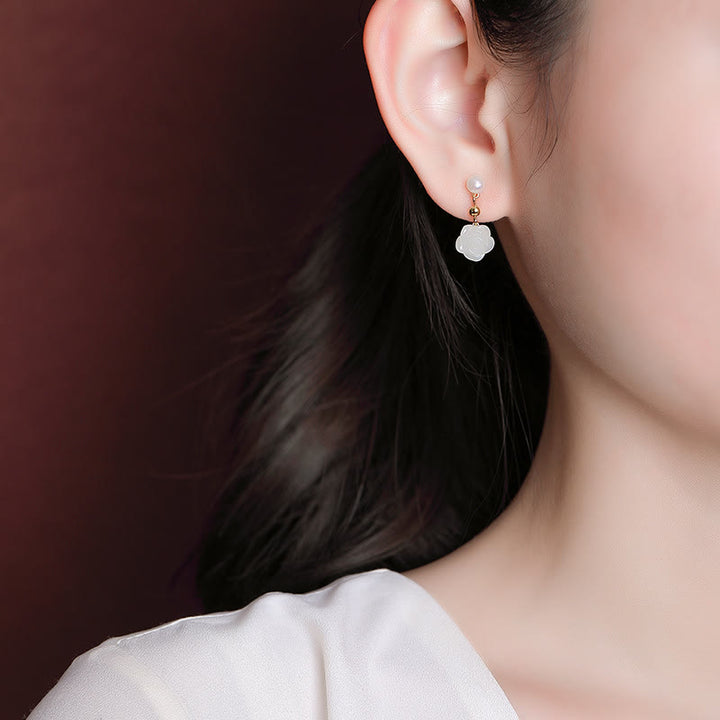 Buddha Stones 925スターリングシルバーメッキゴールド翡翠ローズフラワーシアン翡翠パール幸運イヤリング