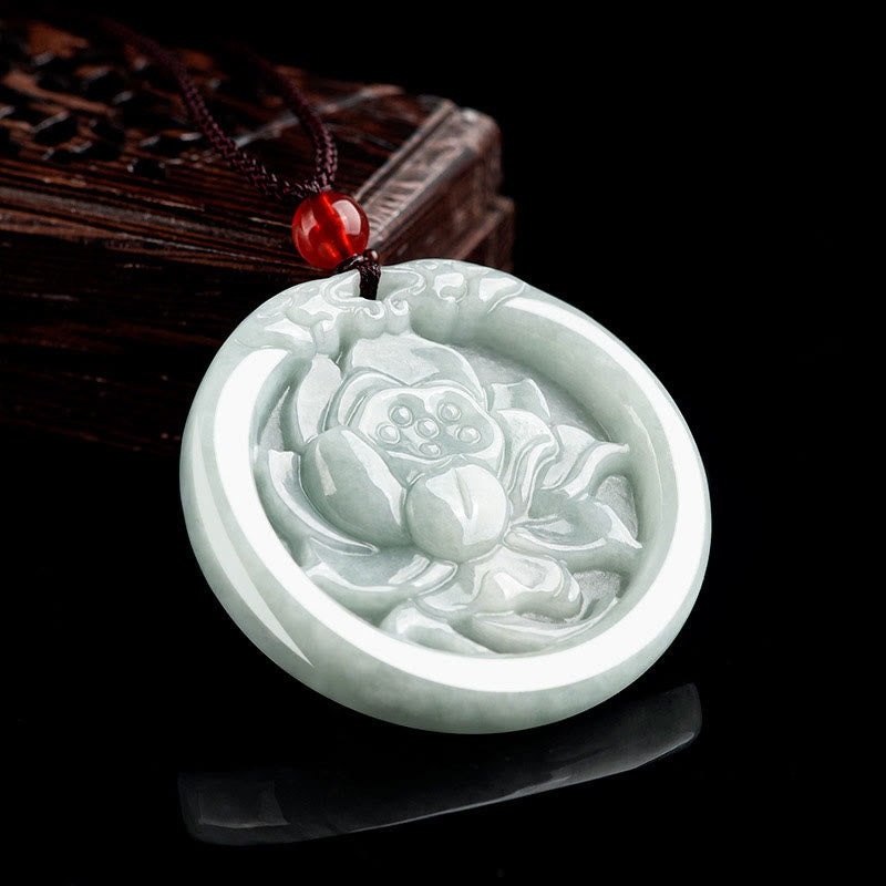 Buddha Stones天然翡翠蓮花彫刻繁栄ネックレスペンダント - image 3