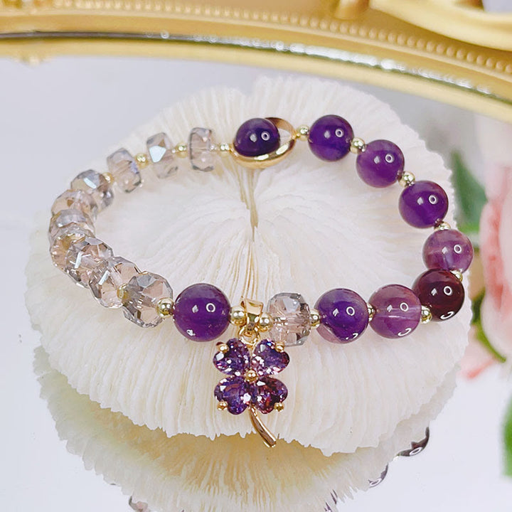 Buddha Stonesアメジストクリスタル 四つ葉のクローバー ヒーリングチャームブレスレット