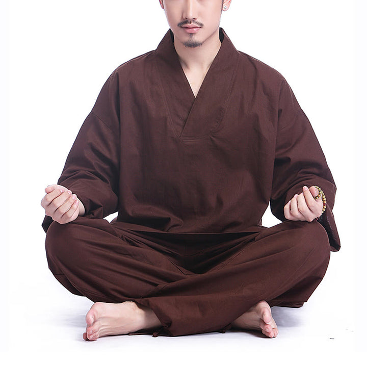 Buddha Stones瞑想祈りVネックデザインコットンリネンスピリチュアル禅練習ヨガウェアメンズセット - 茶色 - US/UK/AU44、 EU54 (3XL) - image 0